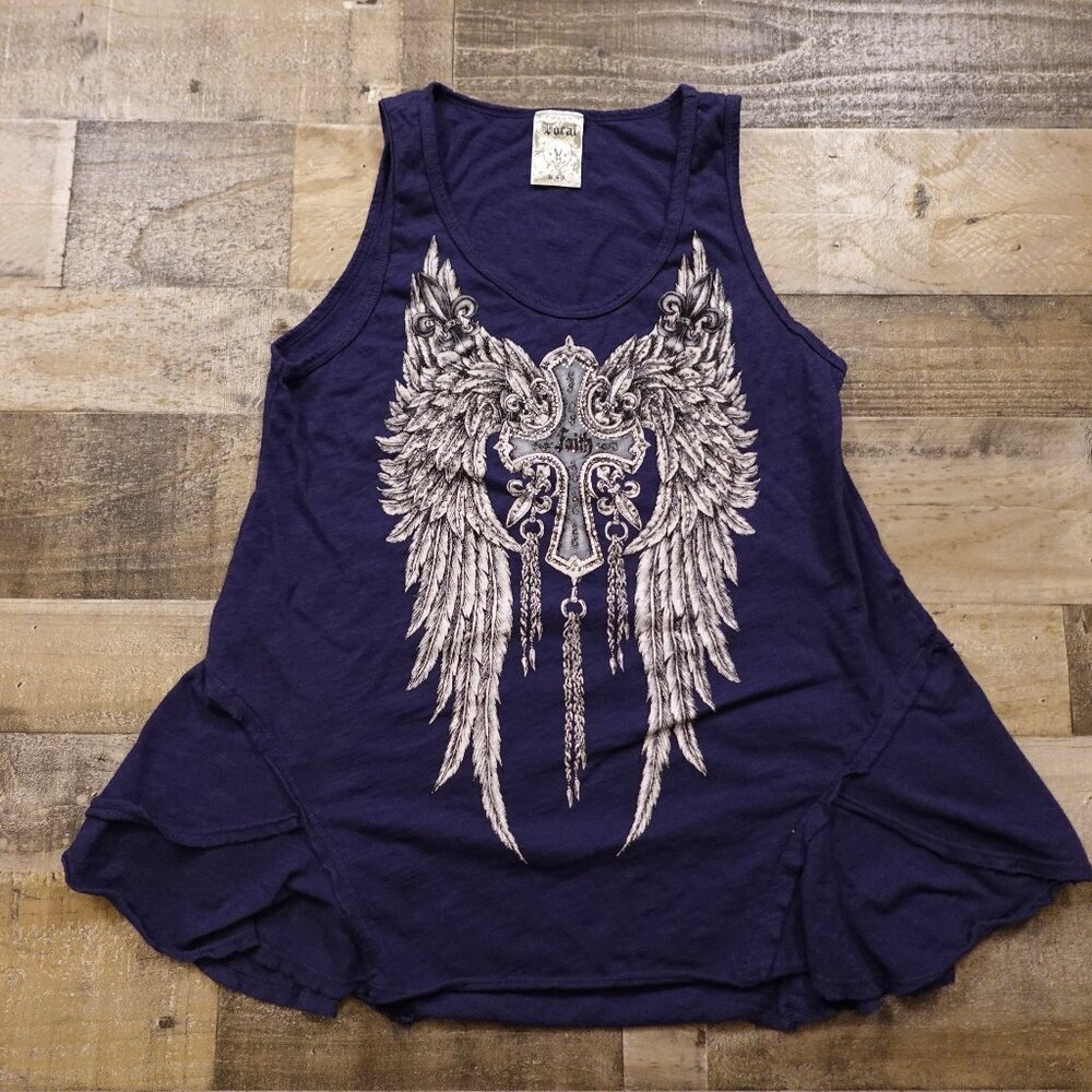 Vocal tank top women's medium cross‎ & wings faith print flare bottom biker